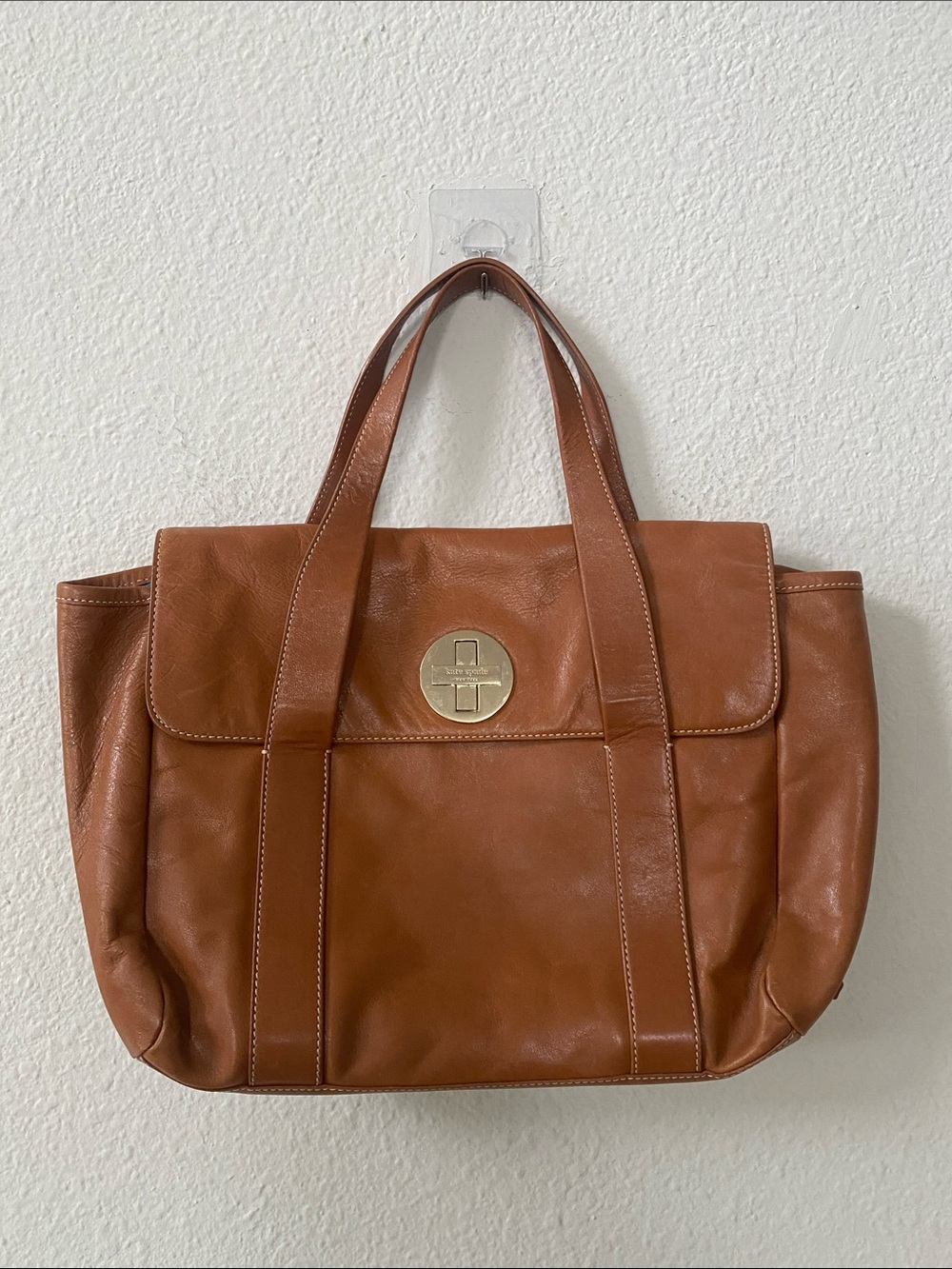 Vintage Kate Spade Tan Leather Flap Brief Case Tote Bag Gold Turnlock Closure